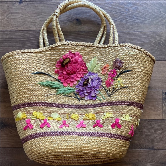 Handbags - Floral straw bag. Large Beach bag